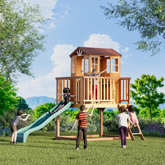 Kids Outdoor Playhouse, Cedar Wooden Outdoor Play House with Growth Chart,Interactive Play Kitchen,Wave Slide,Installation Manual and Videos Included