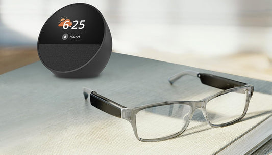 Echo Frames (Newest Model) + Echo Spot (Newest Model), Smart Glasses with Alexa, Modern Rectangle Frames in Charcoal Gray with Prescription Ready Lenses