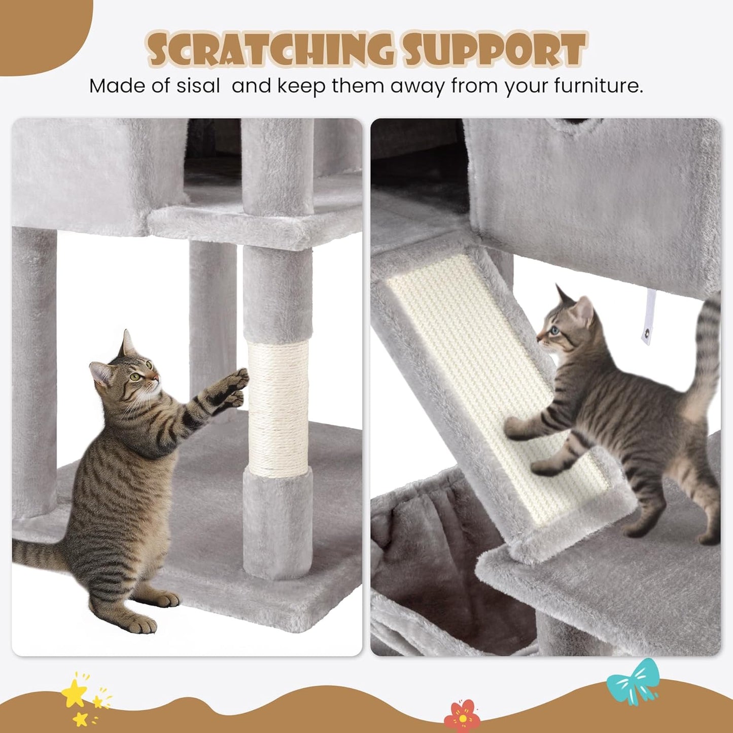 81In Multi-Level Tall Cat Tree Tower for Indoor Kitties/Larger Cat Condo Furniture with Hammock/Cozy Pussycat Perches/Sisal Scratching Posts/Pet House/Wide Base/Grey