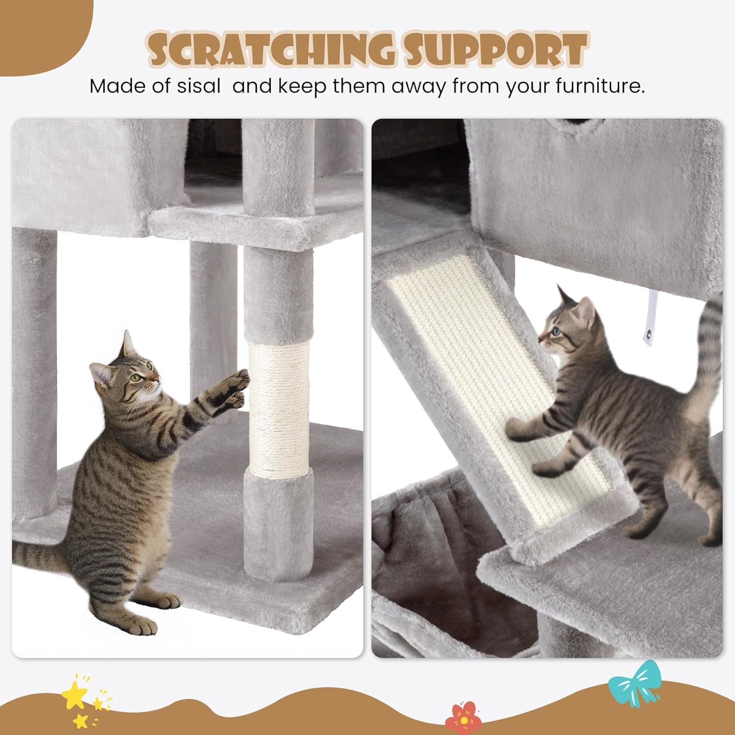 81In Multi-Level Tall Cat Tree Tower for Indoor Kitties/Larger Cat Condo Furniture with Hammock/Cozy Pussycat Perches/Sisal Scratching Posts/Pet House/Wide Base/Grey