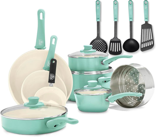 Soft Grip 16 Piece Cookware Set, Non-Toxic Pfas-Free Ceramic Nonstick, Pots, Frying, Sauce, Saute, Glass Lids, Stay-Cool Handles, Wobble Free Bases, Dishwasher & Oven Safe, Turquoise