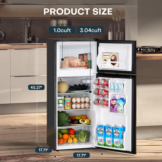 4.0 Cu.Ft. Mini Fridge with Freezer, Dorm Essentials, Double Door Small Refrigerator for Office, Dorm, Bedroom, Adjustable Thermostat, Large Capacity, Black-Br401