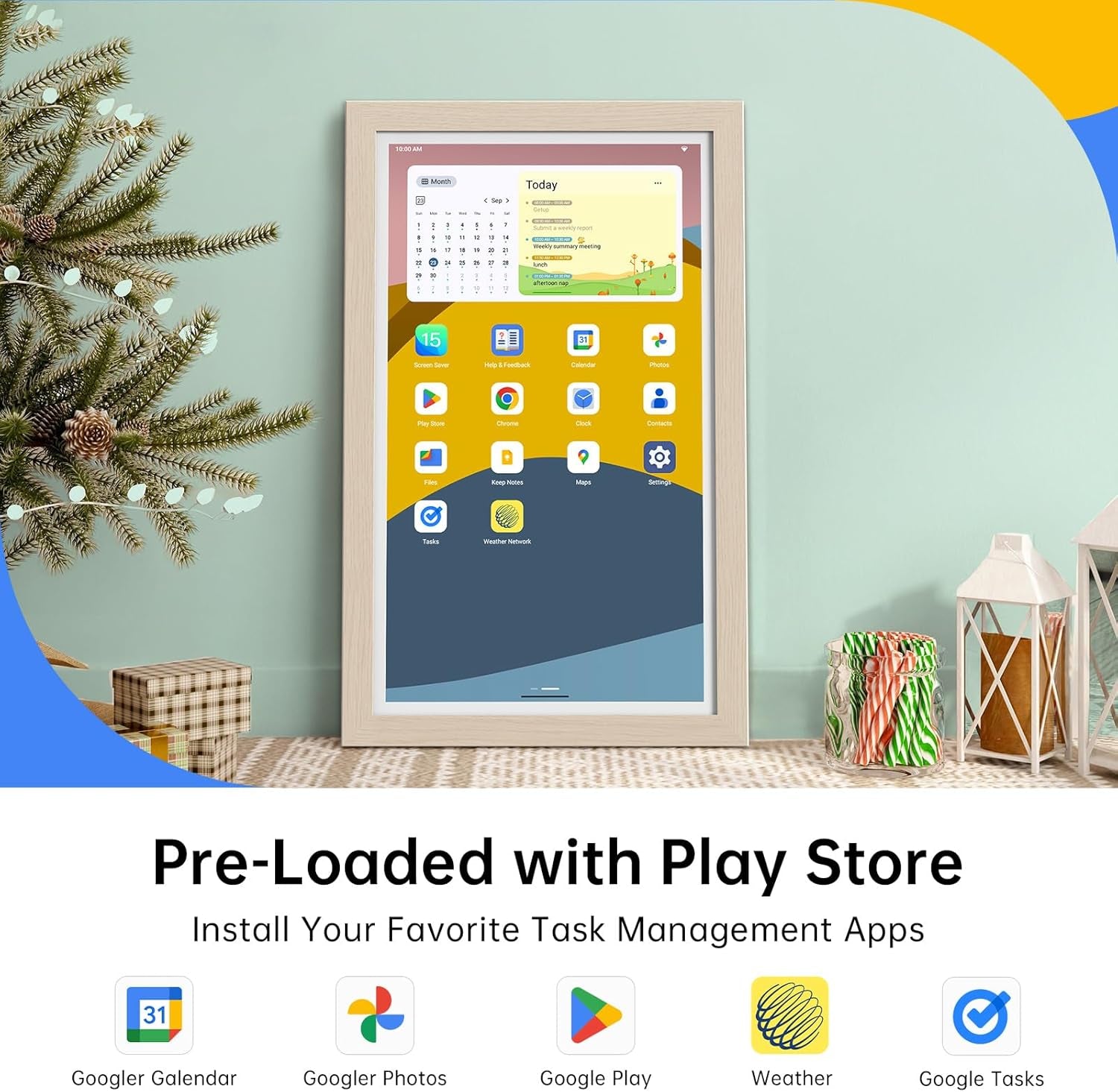 Digital Calendar: Electronic Calendar, Smart Touchscreen Interactive Display for Chore Chart, Family Schedules Planner, Supports All Apps via Google Play (Yellow, 21.5-Inch)