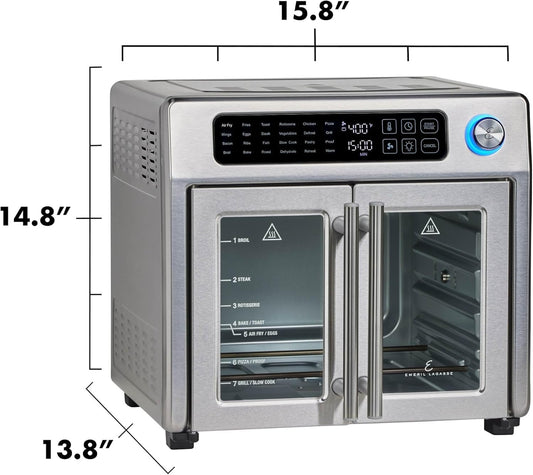 Extra Large French Door Air Fryer Toaster Oven Combo, 24 Cooking Functions and Digital Controls, 7 Accessories Included, Stainless Steel Finish, 26QT Capacity