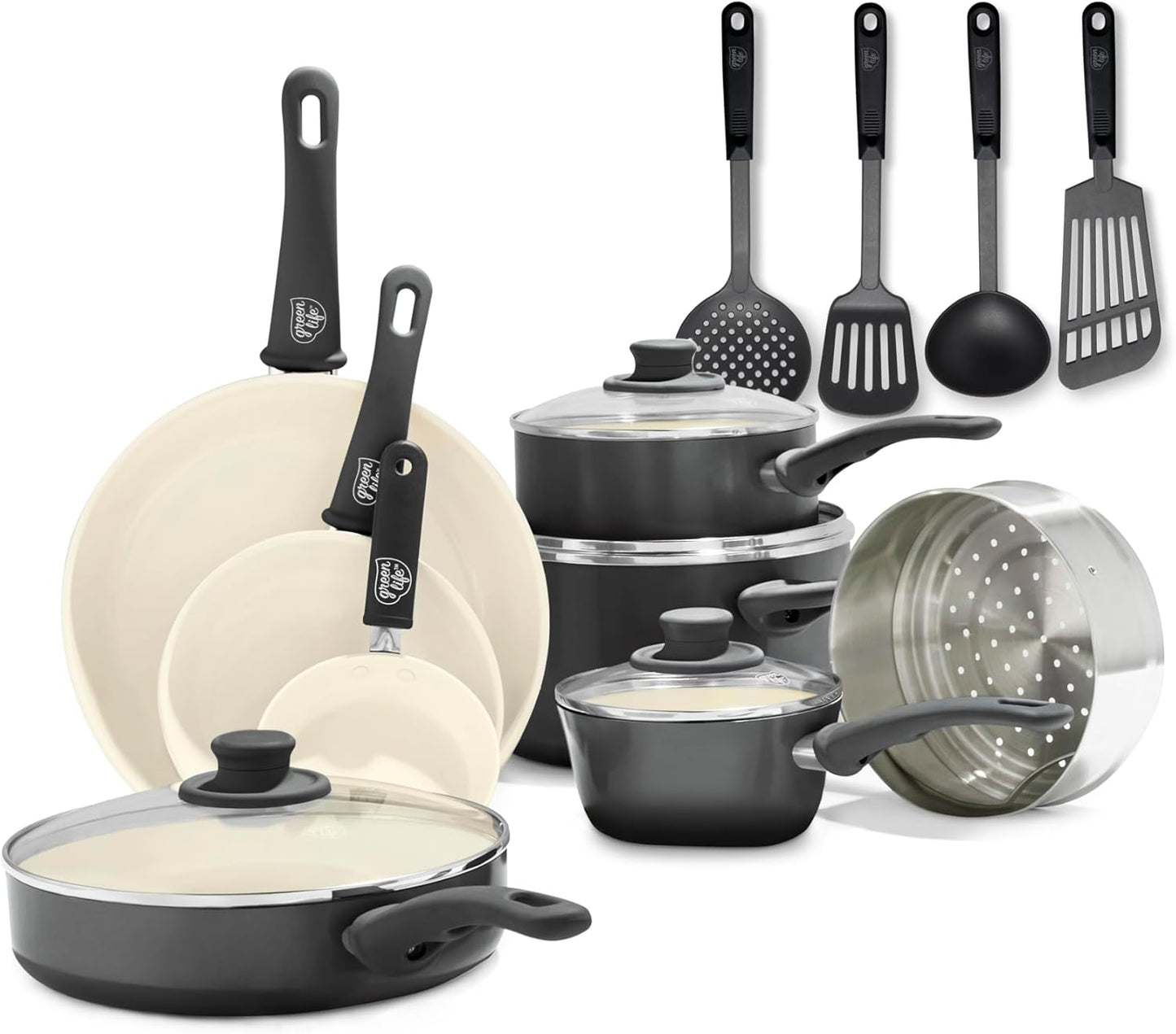 16 Piece Nonstick Cookware Set, Soft Grip Non-Toxic Pfas-Free Ceramic Pots & Pans, Dishwasher & Oven Safe, Frying, Sauce, Utensils, Glass Lids, Stay-Cool Handles, Wobble Free, Black & Cream