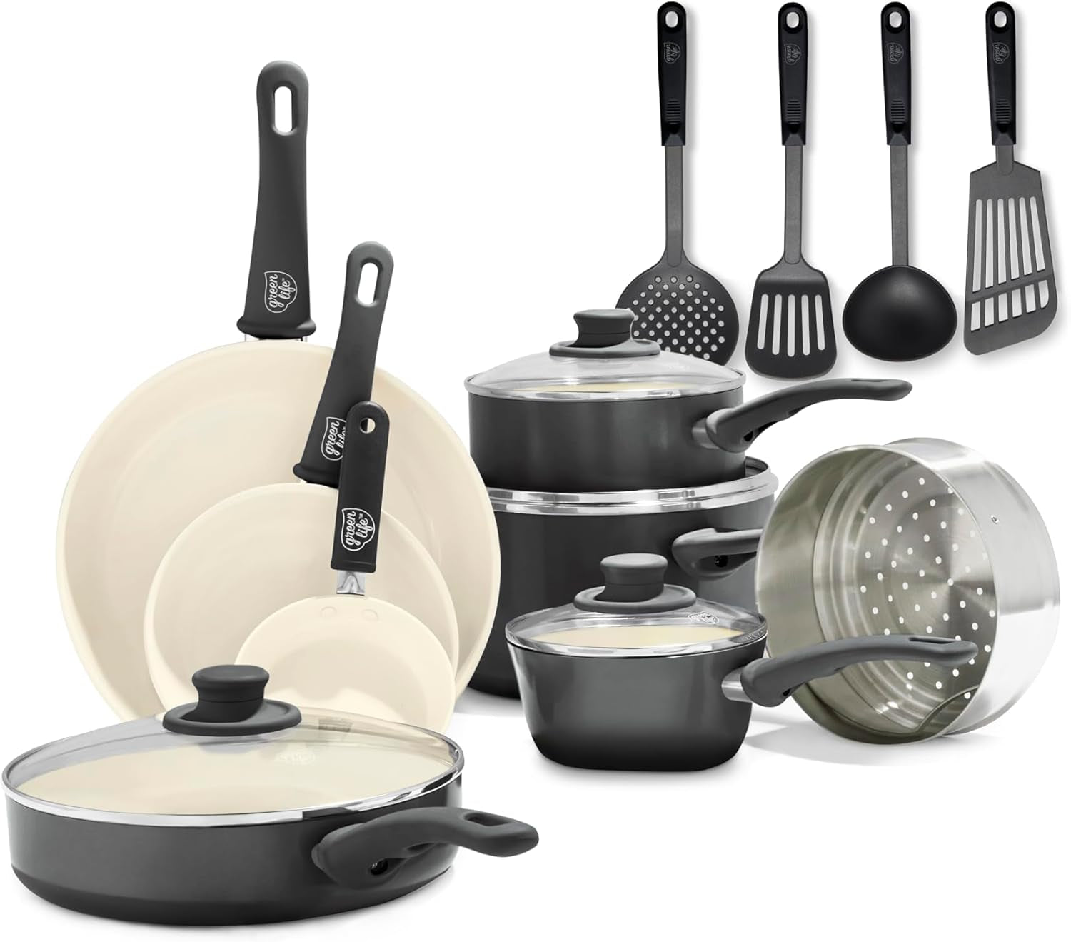 16 Piece Nonstick Cookware Set, Soft Grip Non-Toxic Pfas-Free Ceramic Pots & Pans, Dishwasher & Oven Safe, Frying, Sauce, Utensils, Glass Lids, Stay-Cool Handles, Wobble Free, Black & Cream