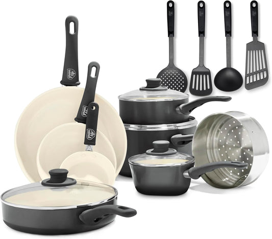 16 Piece Nonstick Cookware Set, Soft Grip Non-Toxic Pfas-Free Ceramic Pots & Pans, Dishwasher & Oven Safe, Frying, Sauce, Utensils, Glass Lids, Stay-Cool Handles, Wobble Free, Black & Cream