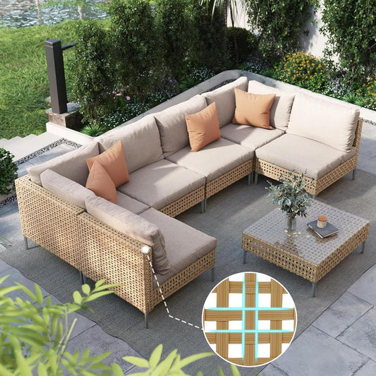 7-Piece Wicker Patio Furniture Set, Boho Outdoor Conversation Set Sectional Sofa with Water Resistant Thick Cushions and Coffee Table, Cream
