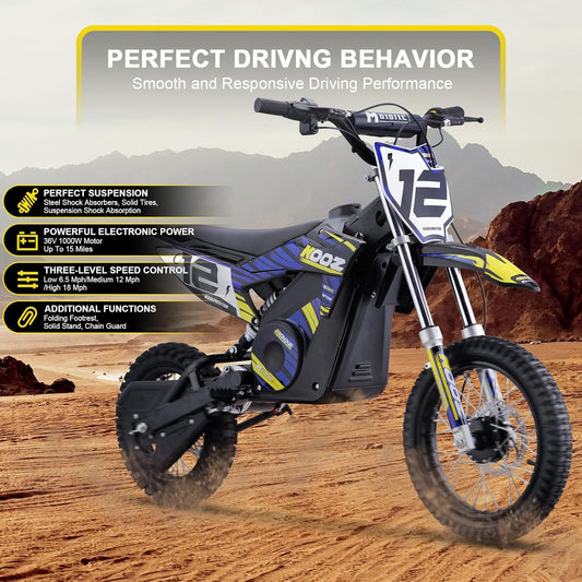 HP112E 36V 1000W Electric Dirt Bike for Kids, 3 Speed Modes Teen Electric Motorcycle up to 18 MPH & 15 Miles Long-Range, Dual Suspension & Disc Brake, 16" Sturdy Tire for Kids Teenagers, Blue