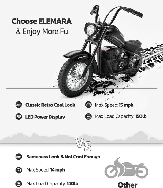 Electric Dirt Bike, 15 Mph & 150Lb Max, 24V Ride on Toy for Big Kids W/Led Lights & Power Display, Chain-Driven Motor, Twist-Grip Throttle, Shock Springs, Handbrake, 12" Air-Filled Tires-Black