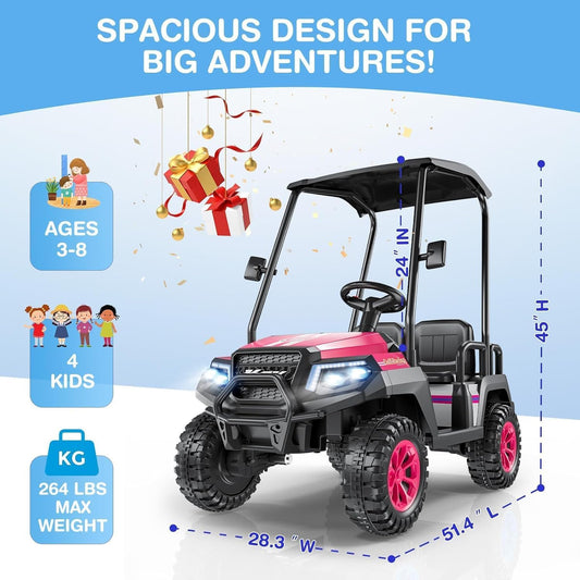 R9 24V Kids Golf Cart, 4 Seats, 4WD Kids Electric Car W/Remote Control, Detachable Awning, Spring Suspension, Multimedia Functions Including Music, Story, Wireless Connection, Horn, Power Display