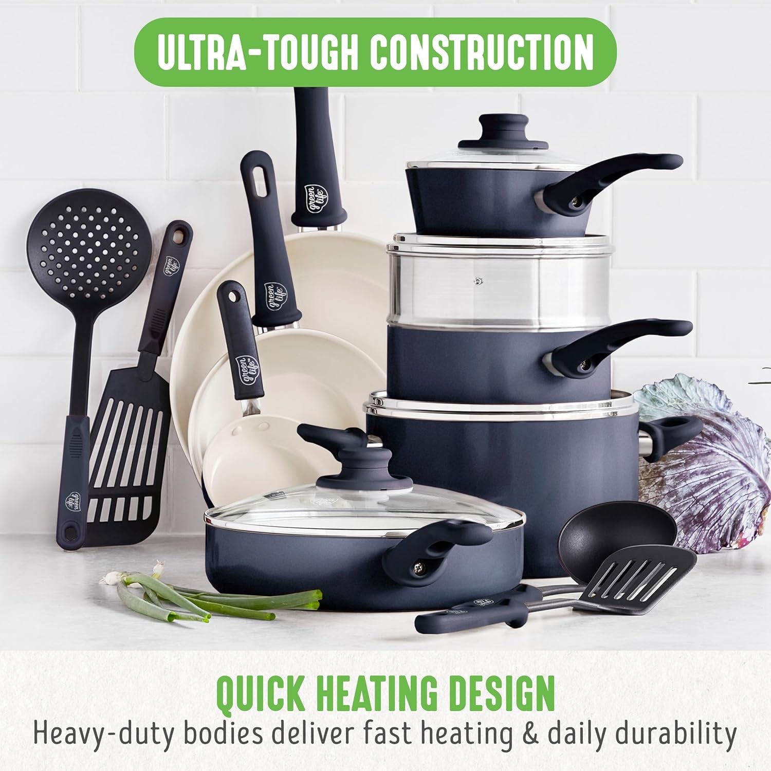 16 Piece Nonstick Cookware Set, Soft Grip Non-Toxic Pfas-Free Ceramic Pots & Pans, Dishwasher & Oven Safe, Frying, Sauce, Utensils, Glass Lids, Stay-Cool Handles, Wobble Free, Black & Cream