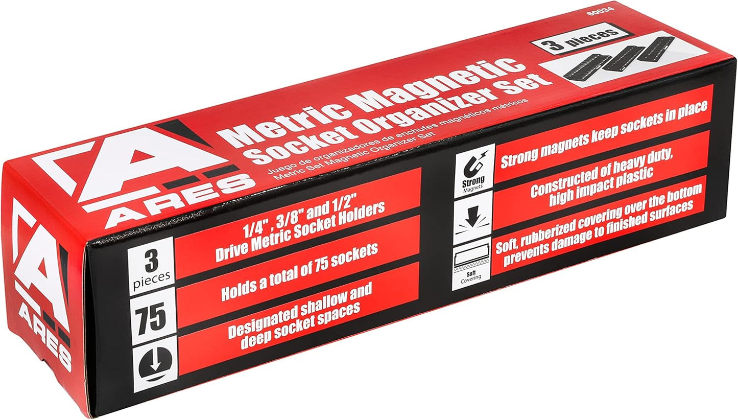 60034-3-Piece Black Metric Magnetic Socket Organizer Set - Includes 1/4-Inch, 3/8-Inch, and 1/2-Inch Socket Holders - Holds Standard Size and Deep Size Sockets - Keeps Your Tool Box Organized