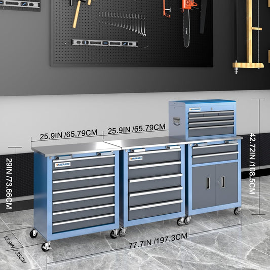 Combination Tool Chest,3 Different Types Tool Cabinets with Stainless Countertop,5-Drawer/7-Drawer/8-Drawer Rolling Tool Chest with Connected Buckle,Tool Cabinet with Wheels and Foot Pad