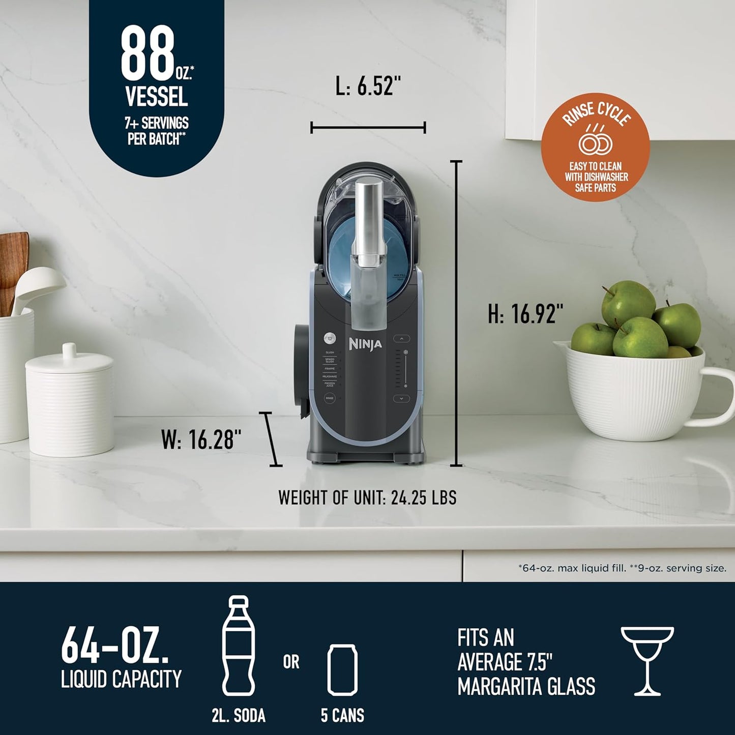 Slushi with Rapidchill Technology, 88 Oz. Frozen Drink & Slushie Machine, 5 Preset Programs, Margaritas, Frappés, and More, Premium Accents, Black, FS301