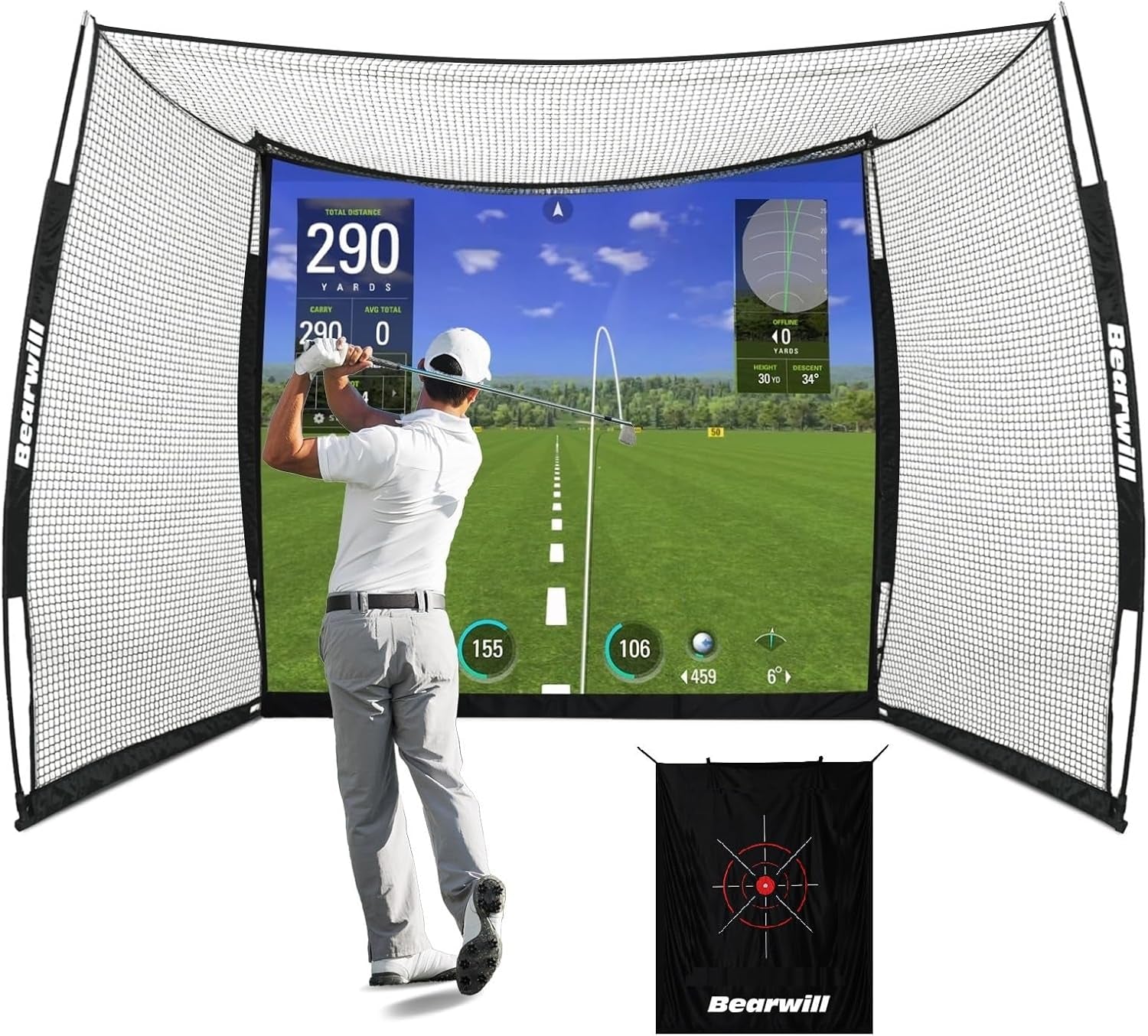 Golf Net with Simulator Impact Screen, 11 FT X 8 FT Golf Practice Hitting Net, HD Blank Impact Screen and Target Cloth for Driving Swing, Home Garage Backyard
