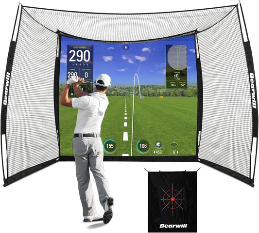 Golf Net with Simulator Impact Screen, 11 FT X 8 FT Golf Practice Hitting Net, HD Blank Impact Screen and Target Cloth for Driving Swing, Home Garage Backyard
