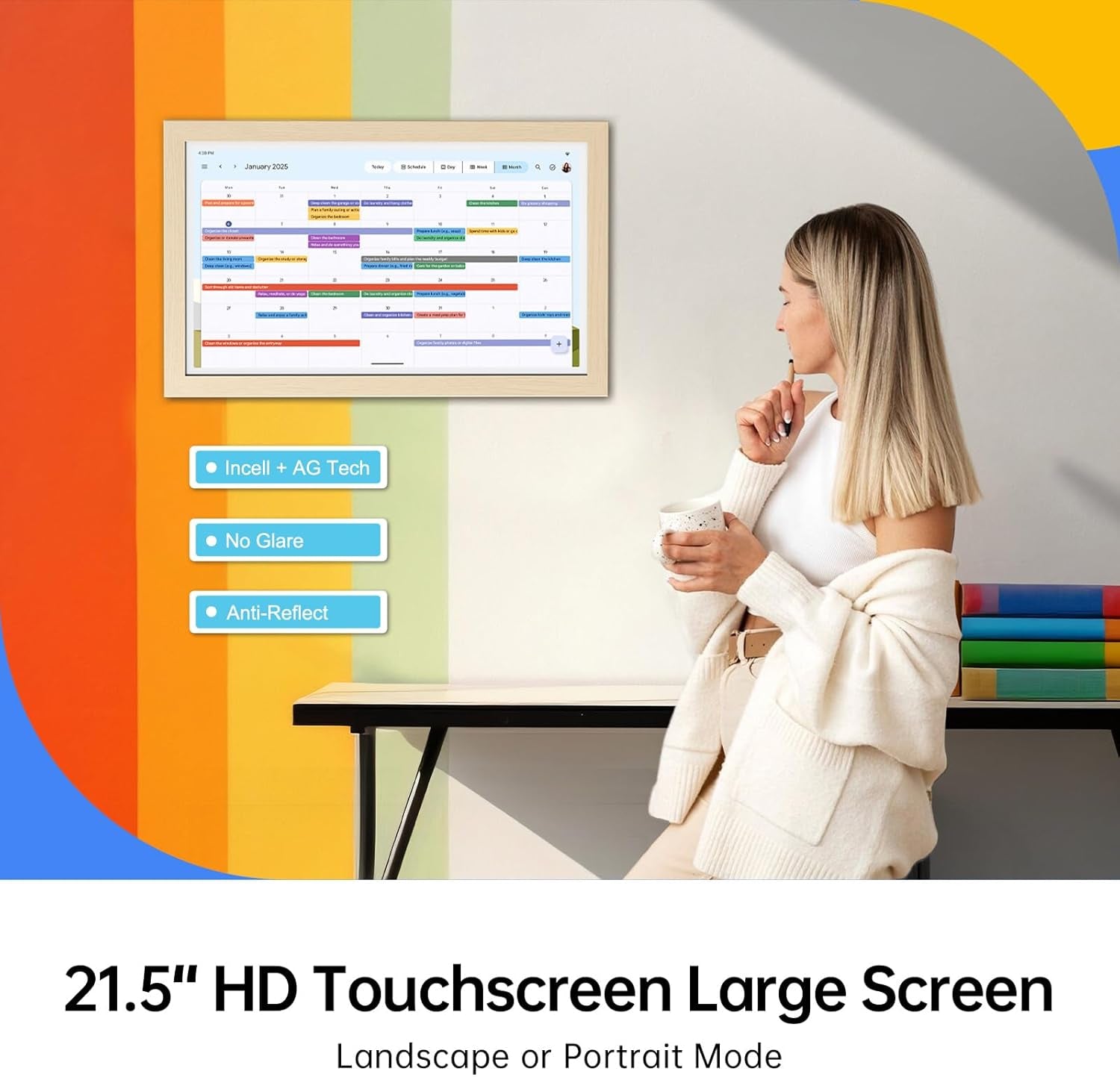 Digital Calendar: Electronic Calendar, Smart Touchscreen Interactive Display for Chore Chart, Family Schedules Planner, Supports All Apps via Google Play (Yellow, 21.5-Inch)