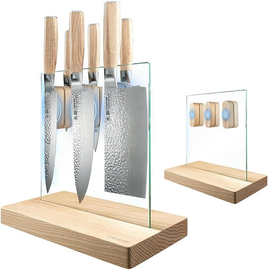 Damashiro Emperor Knife Block (Hikari, 7 Piece Set) - Premium Japanese Steel Knife Set with Tempered Glass - Magnetic Knife Holder - Professional Knife Set in Damascus Design