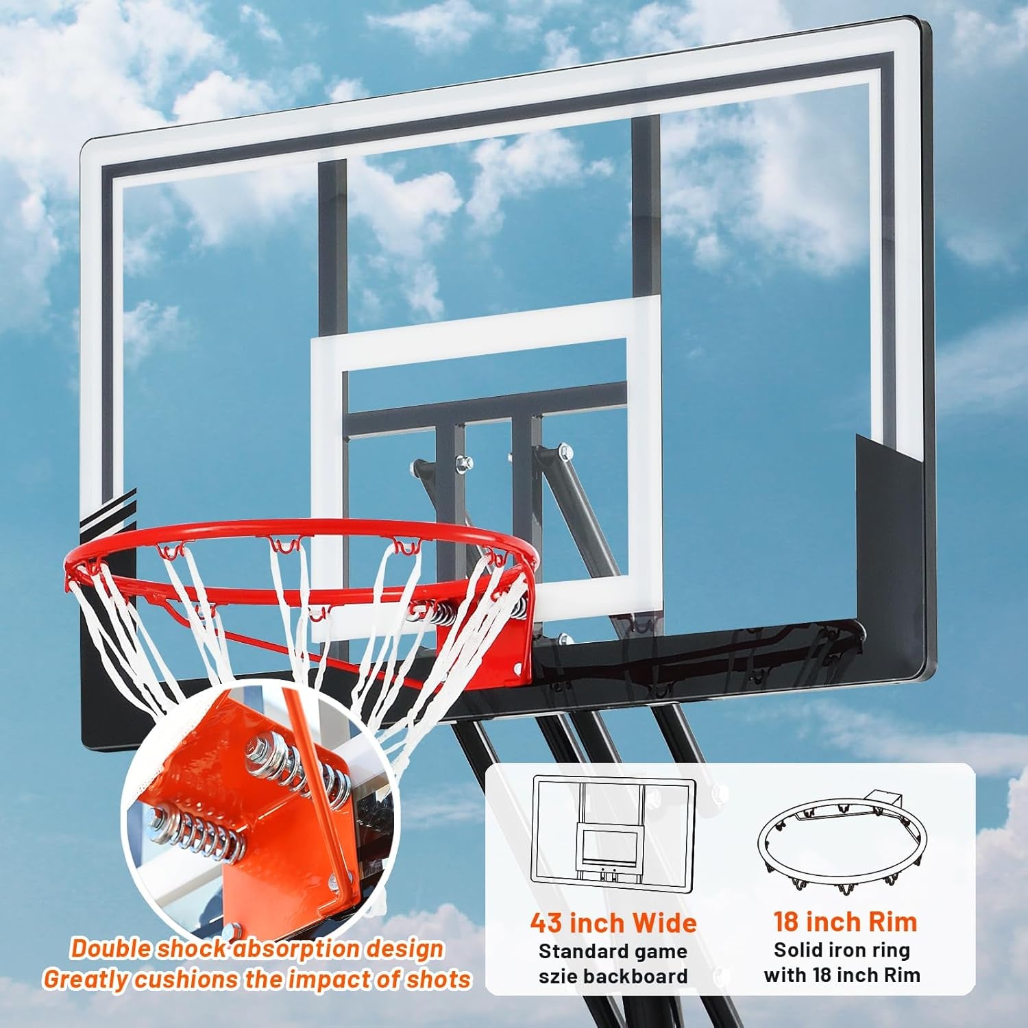 Basketball Hoop 44&48 Inch Backboard Portable Basketball Hoop Outdoor,5.3-10Ft Stepless Regulation Crank Adjust Basketball Goal System
