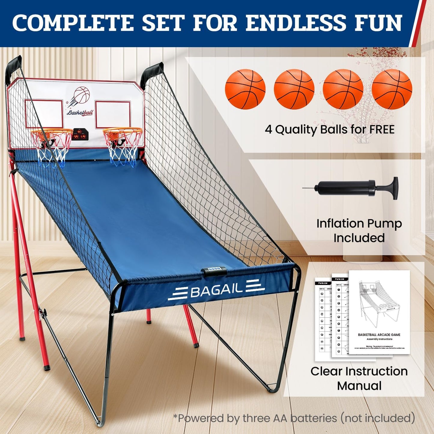 Basketball Arcade Game, Electronic Basketball Shooting Game with 8 Game Modes, Arcade Sounds, Foldable Frame, 4 Balls, Inflation Pump, Ideal Indoor Sport Games for All Players - Dual Shots