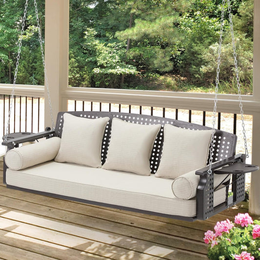 3 Seat Porch Swing, Patio Swing Bench with Cup Holders & 3 Back Cushions, Swing Chair with Chains for Deck Garden Backyard,Beige