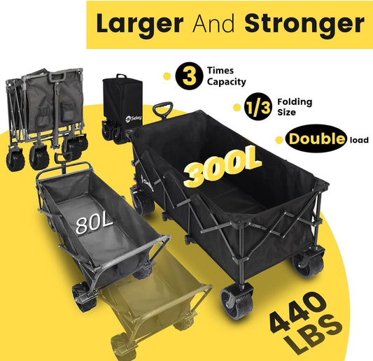 48''L Collapsible Foldable Extended Wagon with 440Lbs Weight Capacity, Heavy Duty 300L Folding Utility Garden Cart with Big All-Terrain Beach Wheels & Drink Holders. Black