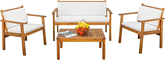 Patio Furniture 4 Piece Acacia Wood Outdoor Conversation Sofa Set with Table & Cushions Porch Chairs for Garden, Deck, Backyard, Natural