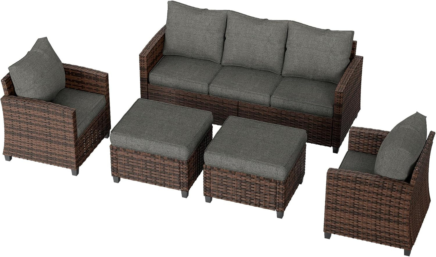 Patio Conversation Set, 5 Pieces Outdoor Furniture Set, All-Weather Wicker Rattan High Back Outdoor Sectional Sofa Set with Ottoman for Poolside, Backyard, Brown Wicker Dark Grey Cushions