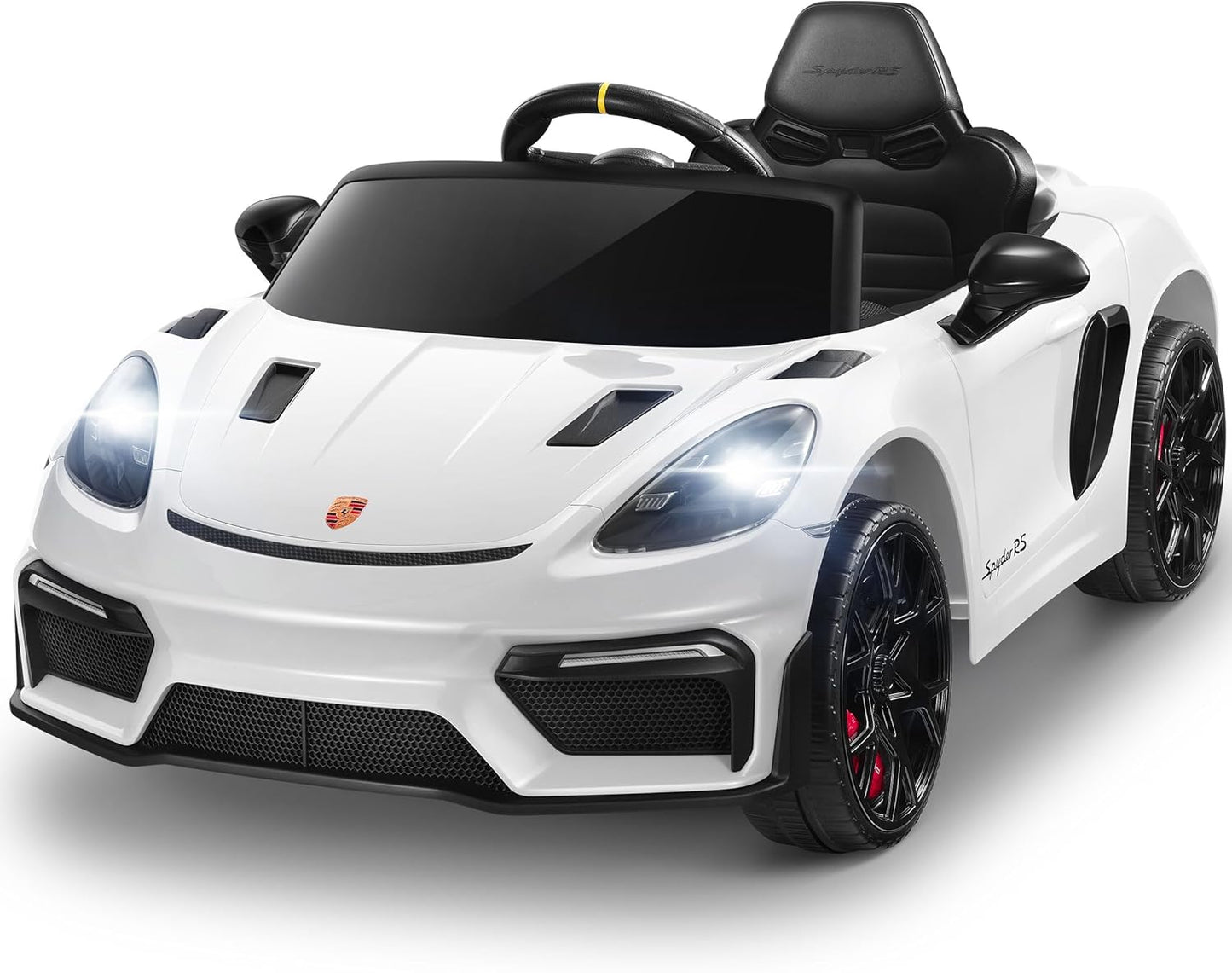 Licensed Porsche 718 Spyder RS Ride-On Electric Car for Kids with Remote Control, 12V Ride on Toys for Toddlers, Electric Power Vehicle W/Trailer Wheels, Bluetooth/Usb/Aux, LED Lights, White