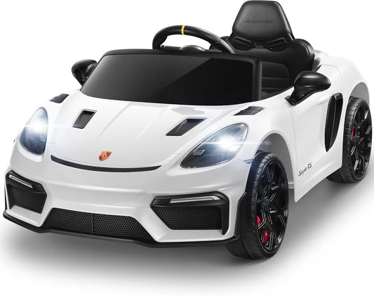 Licensed Porsche 718 Spyder RS Ride-On Electric Car for Kids with Remote Control, 12V Ride on Toys for Toddlers, Electric Power Vehicle W/Trailer Wheels, Bluetooth/Usb/Aux, LED Lights, White