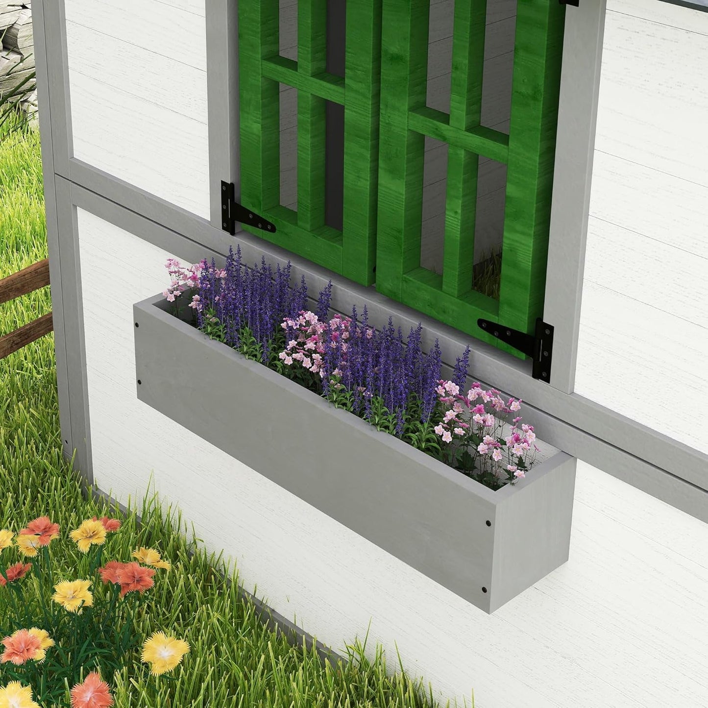 Outdoor Kids Playhouse, Wooden Playhouse with Doors, Windows, Planter Pots and Boxes for Toddlers 3-8 Years, Cottage Play House for Backyard, DIY Chicken Coop, White