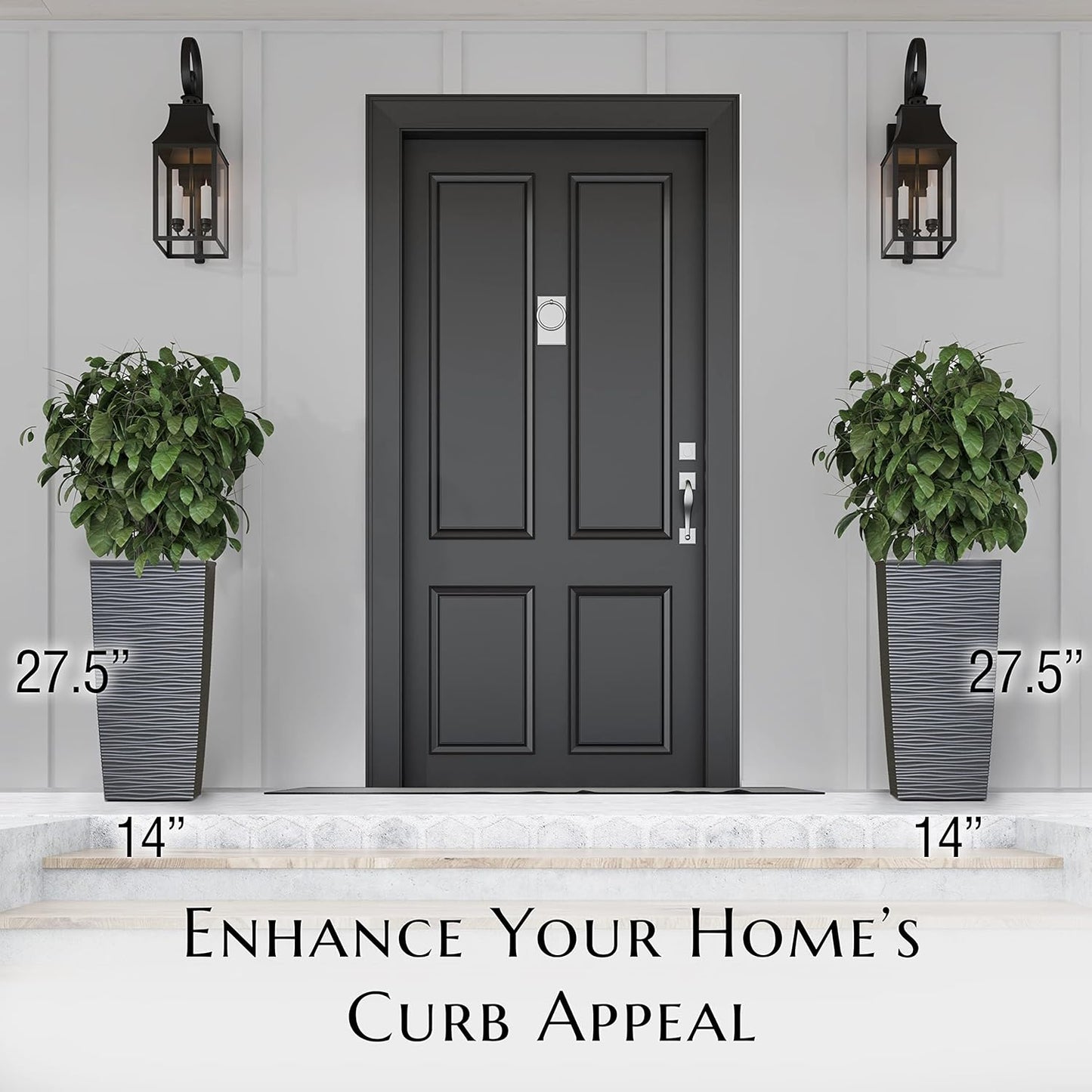 M-Resin Heavy Duty Tall Planters for Outdoor Plants, Indoor Grande Plant Pots, Boxes, Trees, Flower Pots, 2-Piece Set, 27.5”, Modern Design, Built-In Drainage, Front Porch Decor, Dark Grey