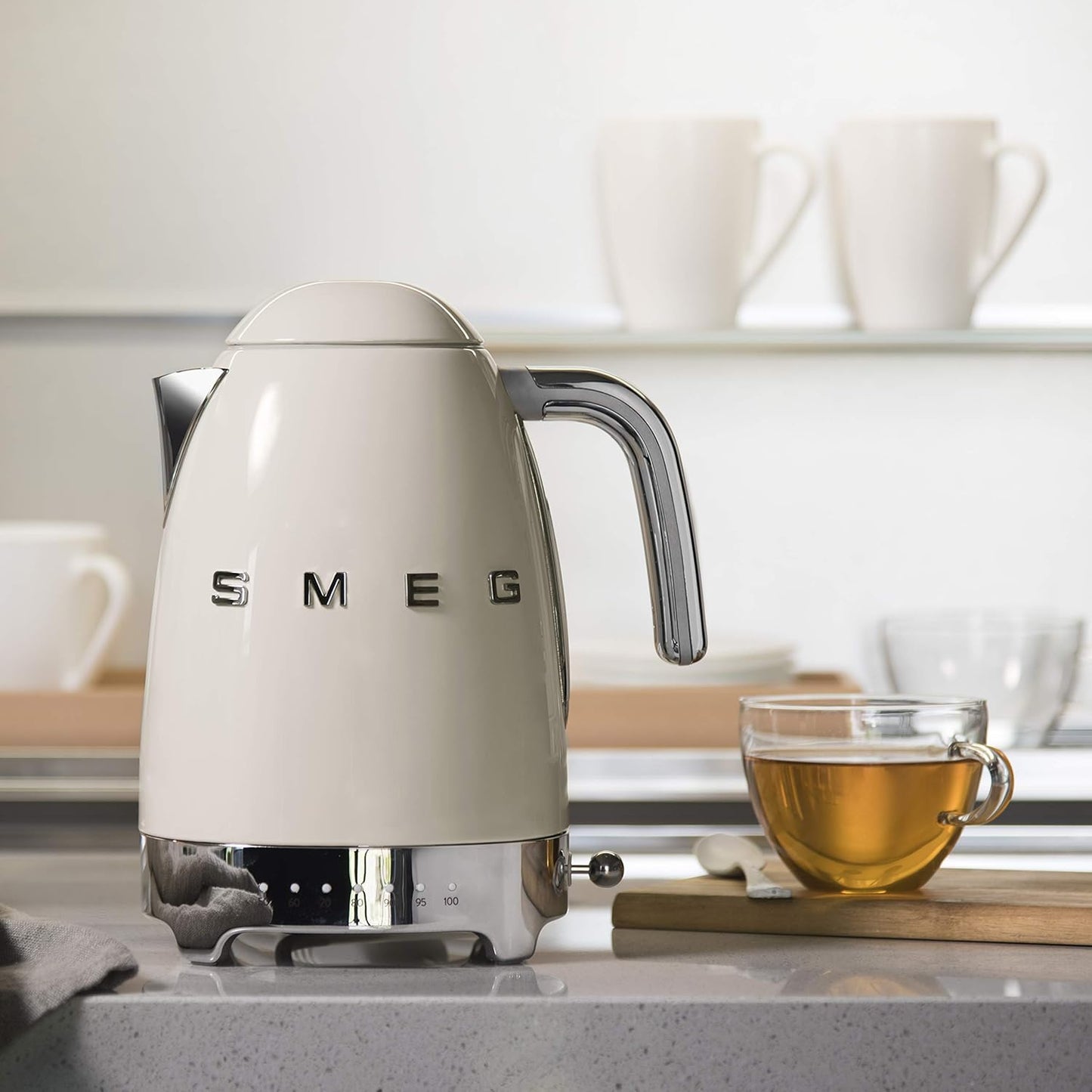 50'S Retro 7 Cup Stainless Steel Variable Temperature Electric Kettle with 7 Temperature Settings, Led Display, Swivel Base and Keep Warm Function Cream KLF04CRUS