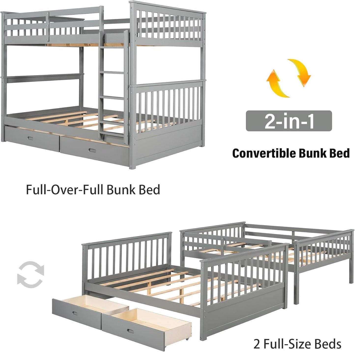 Wood Bunk Bed with Drawers,Convertible Wood Bunk Bed with Ladders and Two Storage Drawers,Solid Wood Detachable Bunk Bed Frame with Ladders,Full over Full,Grey