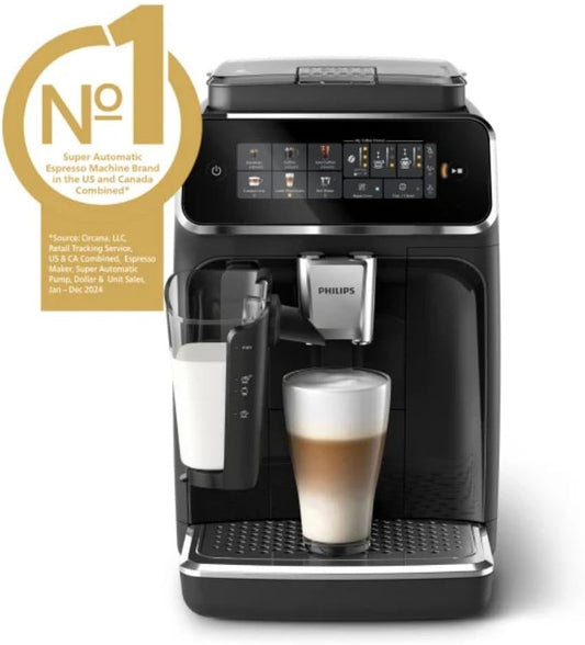 Series 3300 Fully Automatic Espresso Coffee Machine - 6 Hot & Iced Drinks, Lattego Milk System, 40% Quieter Silentbrew, Ceramic Grinder, Aquaclean Filter, Glossy Black (EP3341/50)