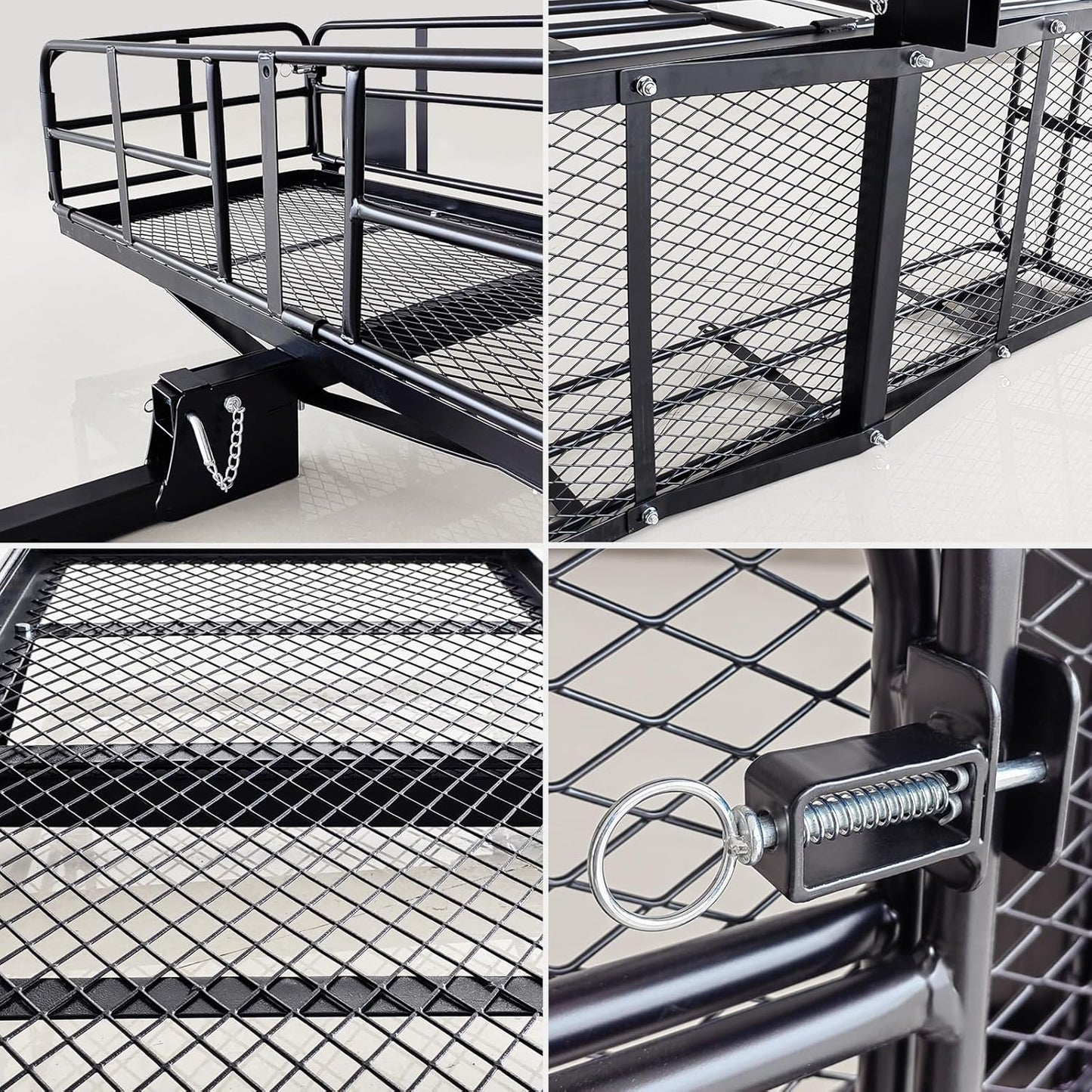 High Rail Trailer Folding Hitch Mount Cargo Carrier Basket 60" X 24" X 14"+Waterproof Cargo Bag 20 Cu Ft(59" 24" 24"), Capacity of 500 Lbs with Hitch Stabilizer, Net, Lock and Straps