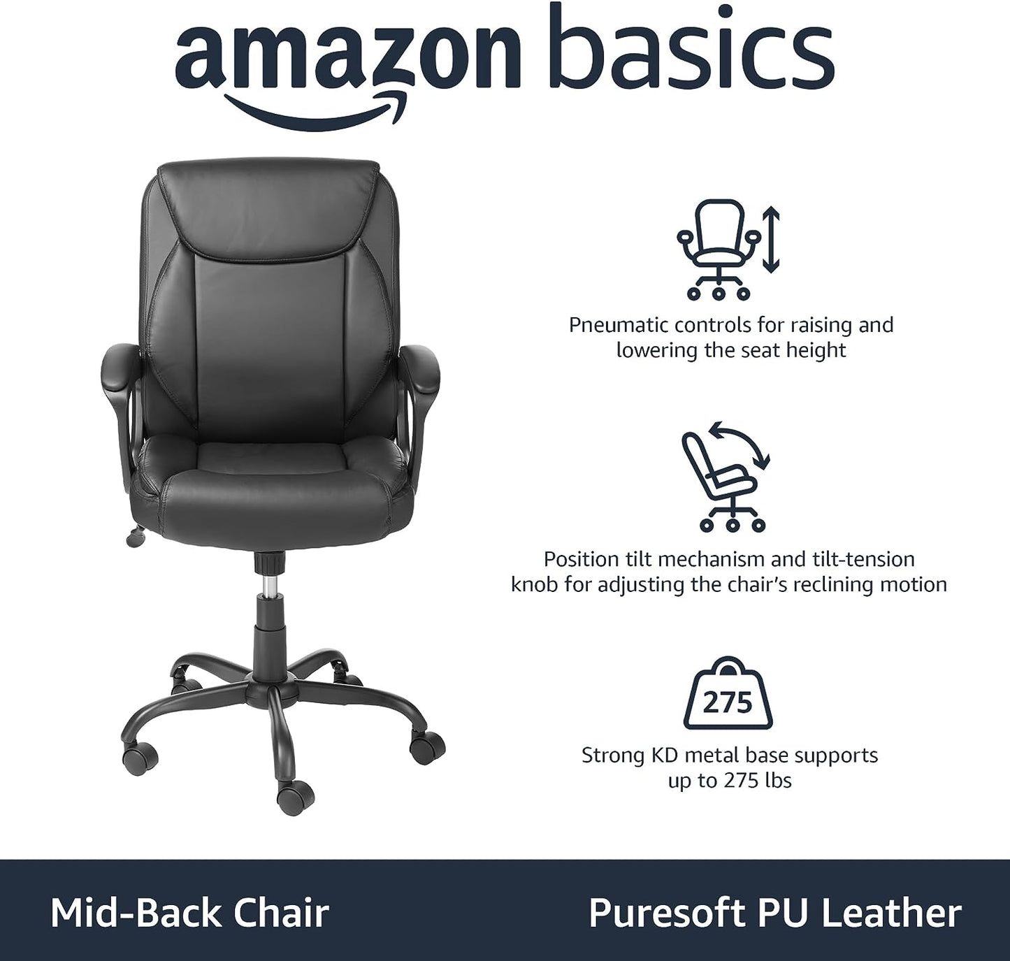 Classic Puresoft PU Padded Mid-Back Height Adjustable Office Computer Desk Chair with Armrest, 26"D X 23.75"W X 42"H, Black