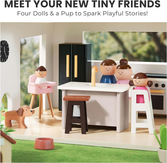 Doll House, Modern Family Dollhouse with Realistic Design, Wooden Dollhouse with 53Pcs Furniture - Ideal Gift for Kids Ages 3+