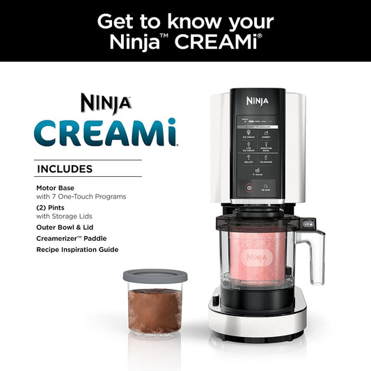 Creami Ice Cream Maker, 7 One-Touch Programs, with (2) Pint Containers & Lids, Compact Size, White (NC301WHBBB)
