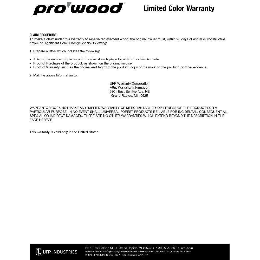 ProWood Color Treated Warranty Pad