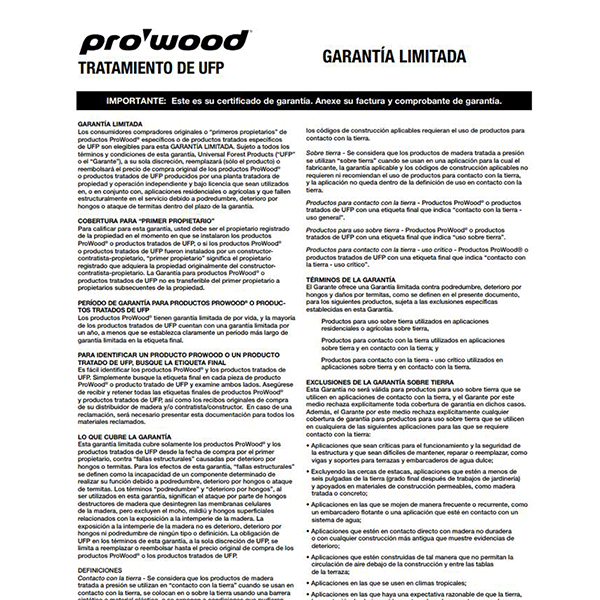 ProWood Home Depot Warranty Tearpad Treated (Spanish)
