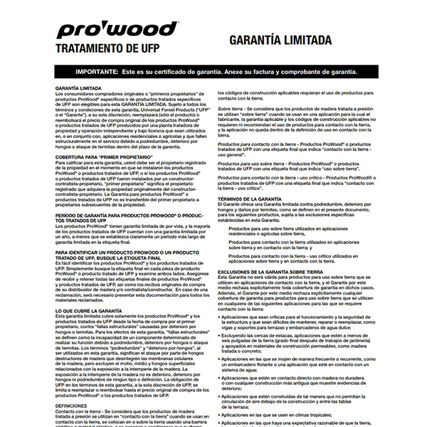 ProWood Home Depot Warranty Tearpad Treated (Spanish) UFP Gear