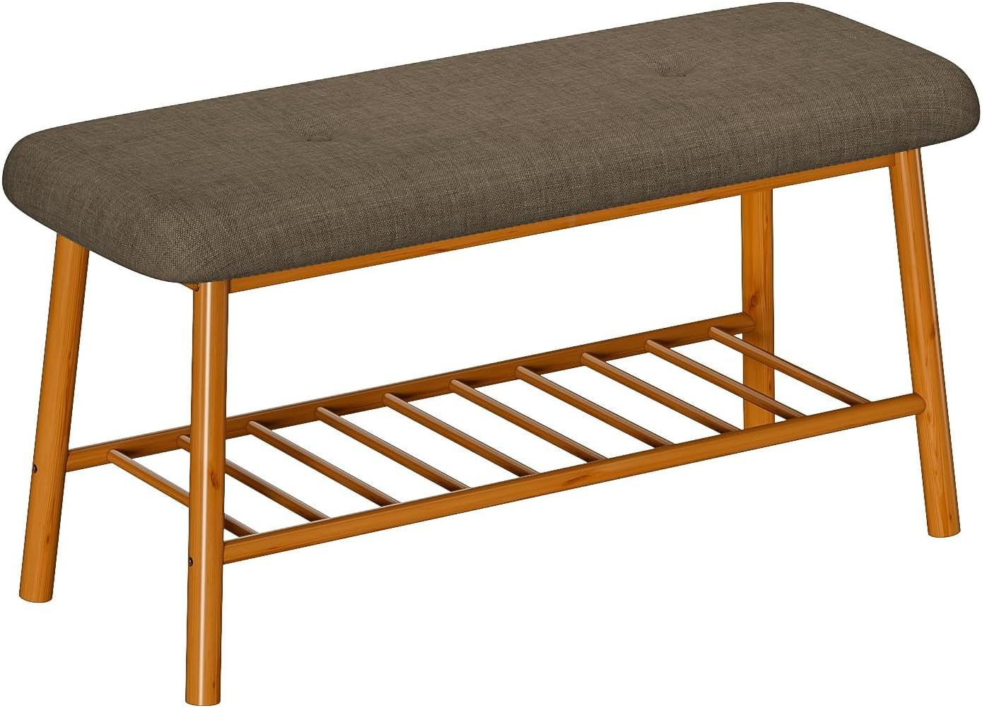 Shoe Rack Bench for Entryway 2-Tier Bamboo Bench Storage with Cushion Storage Benches for Bedroom Living Room Indoor(Brown)