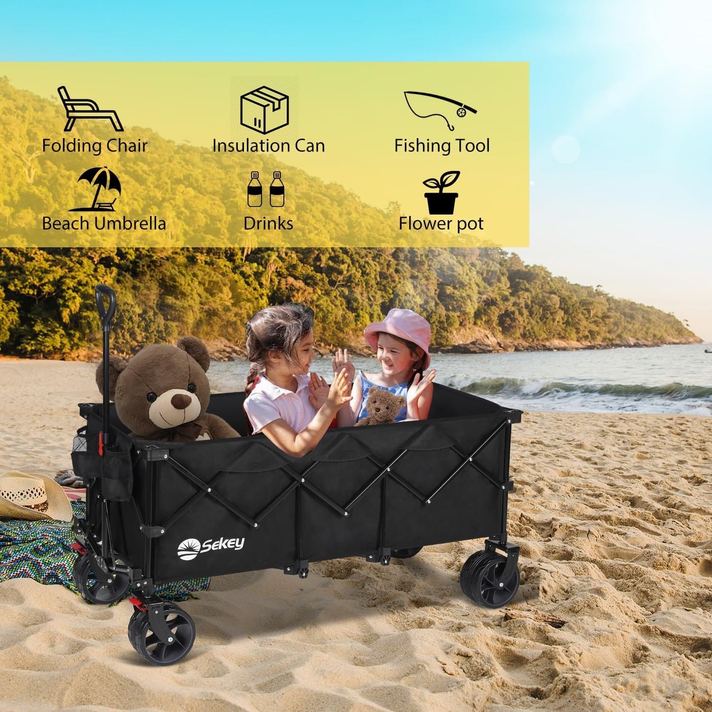 48''L Collapsible Foldable Extended Wagon with 440Lbs Weight Capacity, Heavy Duty 300L Folding Utility Garden Cart with Big All-Terrain Beach Wheels & Drink Holders. Black