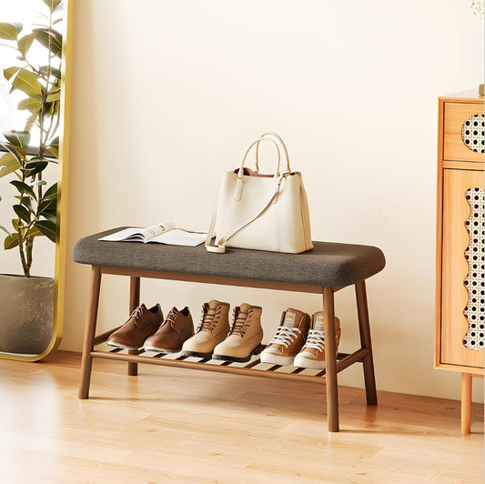 Shoe Rack Bench for Entryway 2-Tier Bamboo Bench Storage with Cushion Storage Benches for Bedroom Living Room Indoor(Brown)