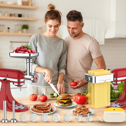 Meat Grinder & Pasta Maker Attachment for ALL Kitchenaid Stand Mixers,Kitchen Aid Mixer Accessories Includes Metal Meat Grinder with Sausage Stuffer Tubesand and Pasta Maker Attachment 3 in 1 Set