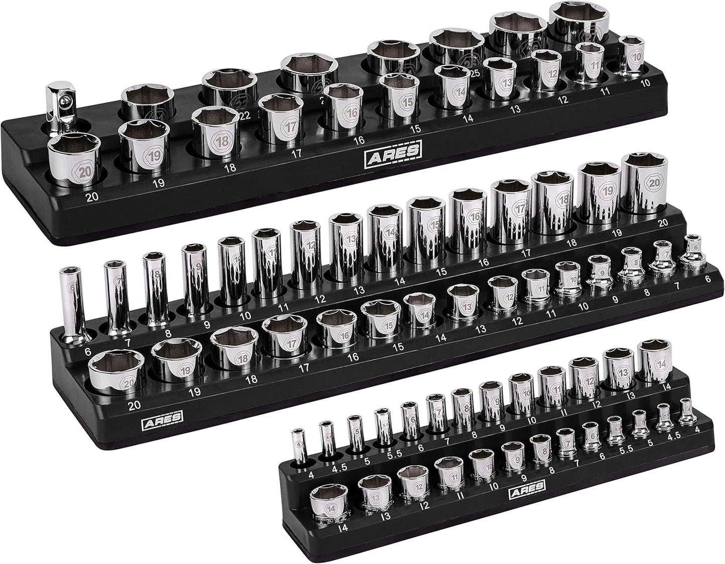 60034-3-Piece Black Metric Magnetic Socket Organizer Set - Includes 1/4-Inch, 3/8-Inch, and 1/2-Inch Socket Holders - Holds Standard Size and Deep Size Sockets - Keeps Your Tool Box Organized
