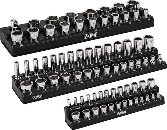 60034-3-Piece Black Metric Magnetic Socket Organizer Set - Includes 1/4-Inch, 3/8-Inch, and 1/2-Inch Socket Holders - Holds Standard Size and Deep Size Sockets - Keeps Your Tool Box Organized