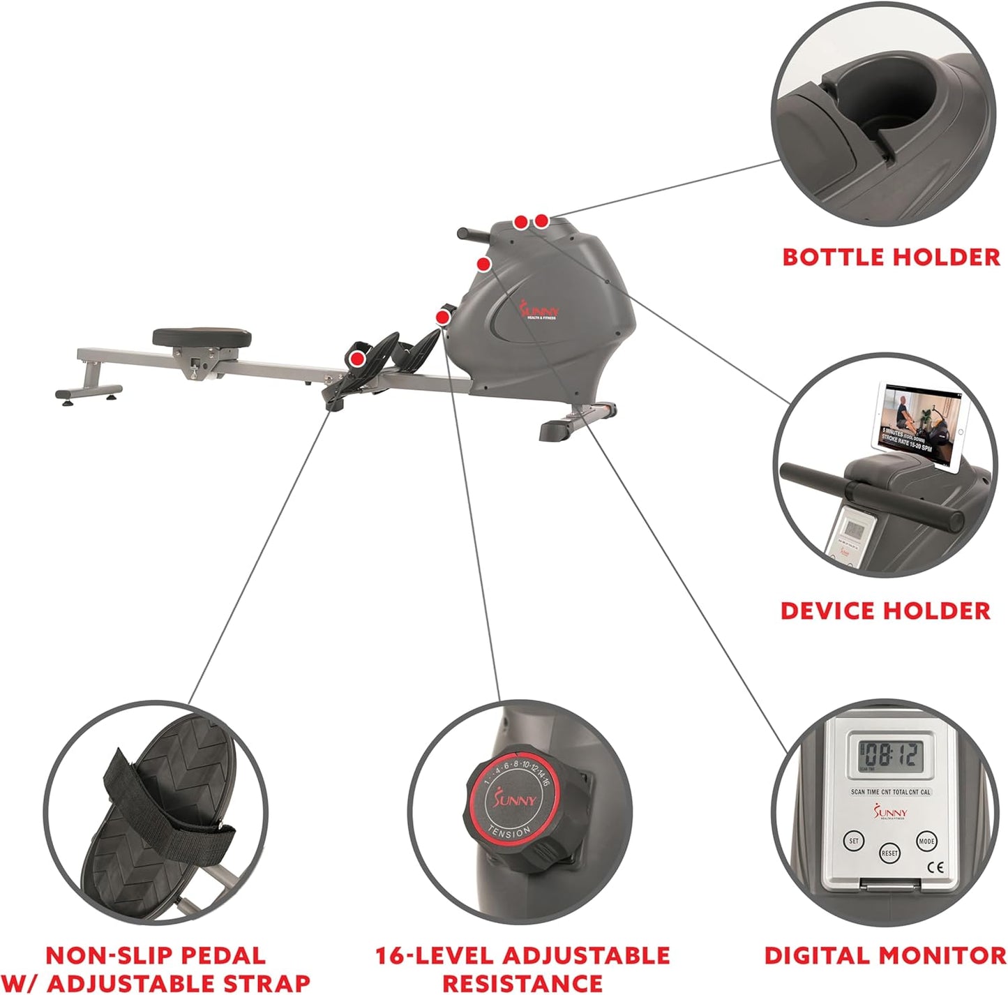 Magnetic Rowing Machine for Home Exercise, Quiet & Smooth Rower with Compact Storage and Optional Free Sunnyfit App Connectivity